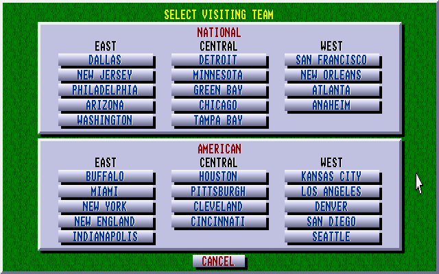 Tom Landry Strategy Football Deluxe Edition (DOS) screenshot: Selecting teams.