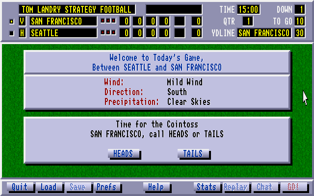 Tom Landry Strategy Football Deluxe Edition (DOS) screenshot: The coin toss for today's game: San Francisco vs. Seattle.