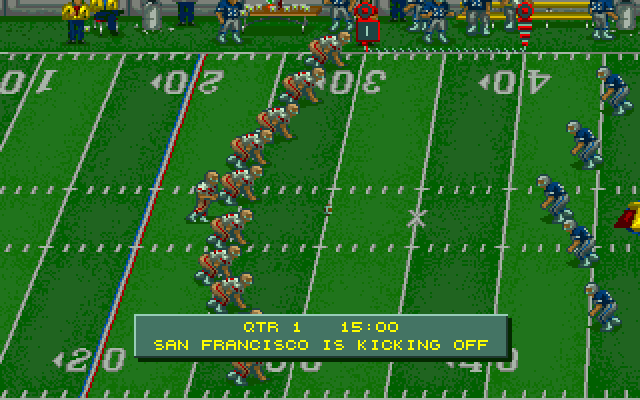 Tom Landry Strategy Football Deluxe Edition (DOS) screenshot: San Francisco kicks off.