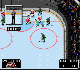 NHL '94 (SNES) screenshot: EA's accurate portrayal of sporting rules includes everyone's favorite play, the icing call!