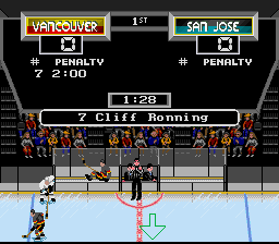 NHL '94 (SNES) screenshot: A nice view of the penalty box as the officiating staff nail Cliff Ronning for a deuce.