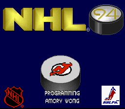 NHL '94 (SNES) screenshot: A neat little title screen, different from the Genesis version -- mode-7 pucks zoom by with random team logos on them.
