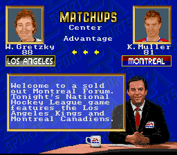 NHL '94 (SNES) screenshot: EA Sports' fictitious personality Ron Barr gives you the goods on who's playing well and who needs to pick it up.