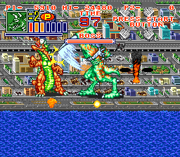 King of the Monsters 2: The Next Thing (SNES) screenshot: Getting hit