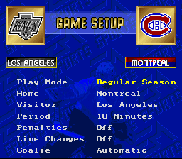 NHL '94 (SNES) screenshot: The main menu screen -- all options are the same as the Genesis version, except that there's no user profiles on the SNES.