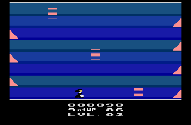 Elevators Amiss (Atari 2600) screenshot: Different colors for a new level. Plus additional elevators.