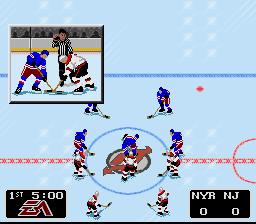 NHL '94 (SNES) screenshot: The anthem has been sung, and now it's time to drop the puck!