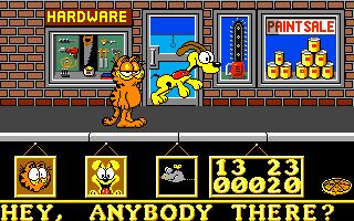Garfield: Big, Fat, Hairy Deal (Amiga) screenshot: In front of Hardware store