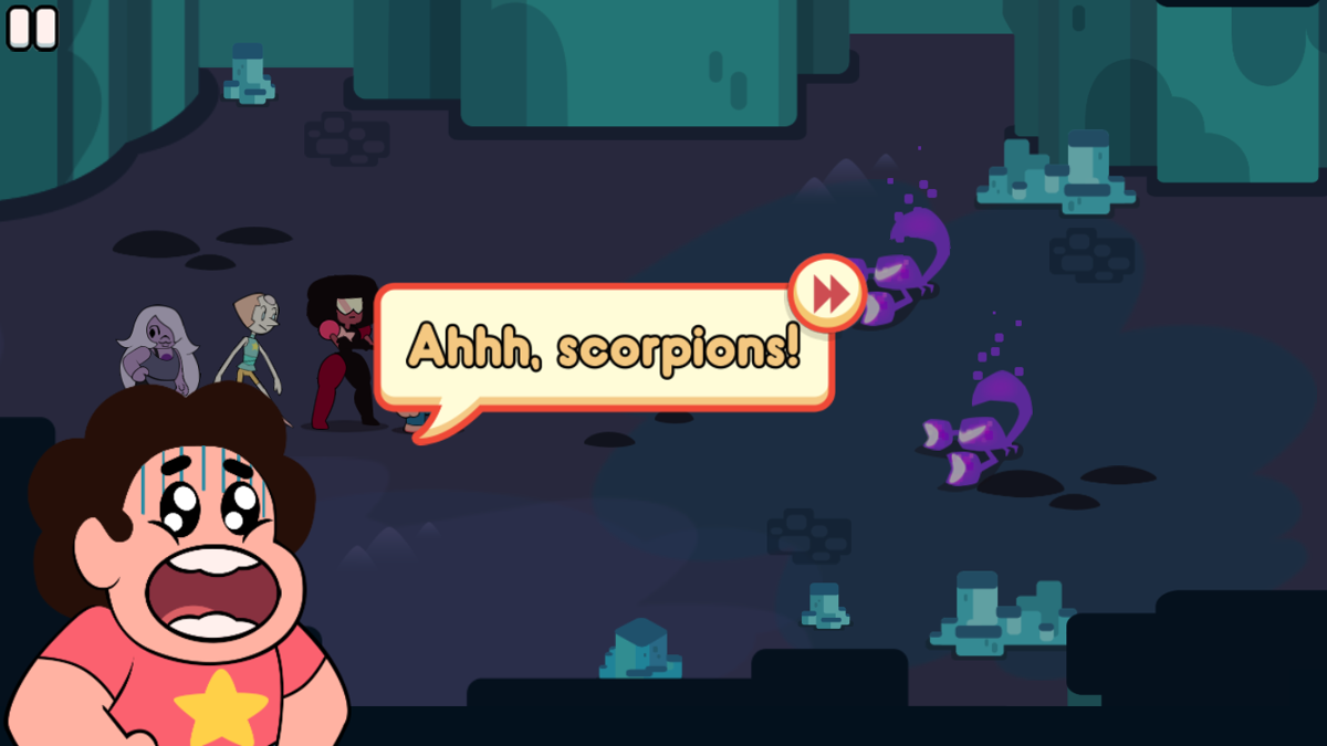 Attack the Light: Steven Universe Light RPG (iPhone) screenshot: Random enemy encounters occur upon entering a room.