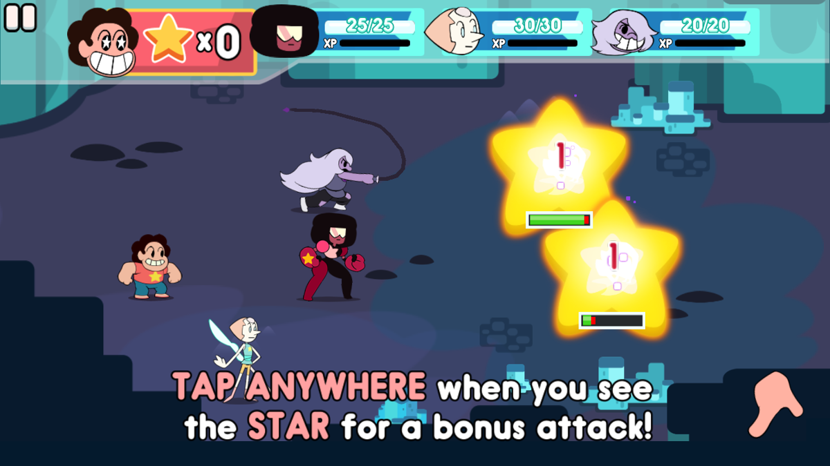 Attack the Light: Steven Universe Light RPG (iPhone) screenshot: Amethyst can also perform bonus attacks with her whip.