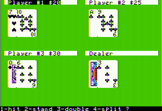 Apple '21' (Apple II) screenshot: The four options available at each turn