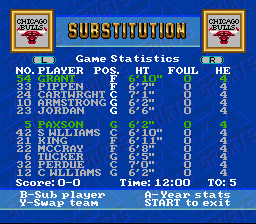 NBA Showdown (SNES) screenshot: Who's in for substitutions, who starts?