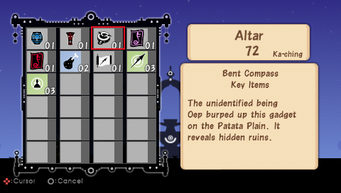 Patapon (PSP) screenshot: Altar where all your items stored