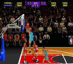 NBA Hangtime (SNES) screenshot: The game focuses on action-loaded dunks.