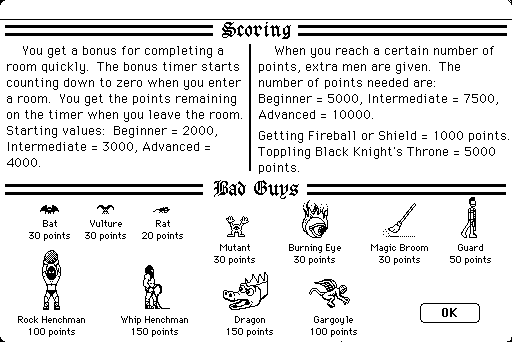 Dark Castle (Macintosh) screenshot: About scoring.