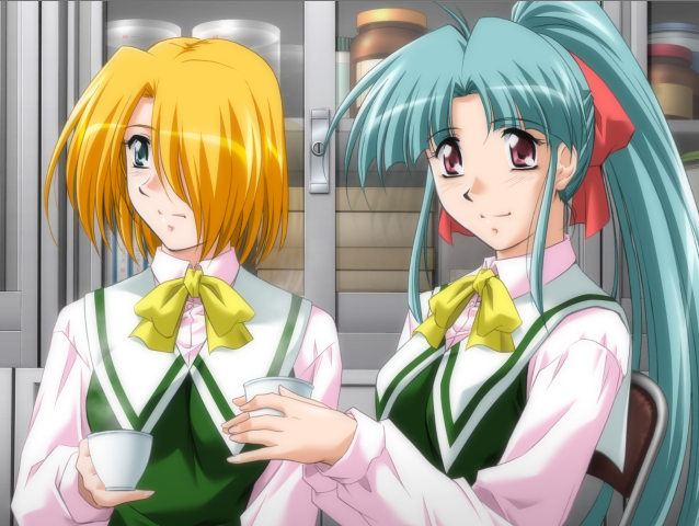 Virgin Roster (Windows) screenshot: Shinobu and Yuki, having coffee