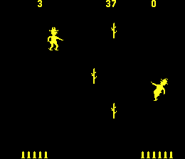 Gun Fight (Arcade) screenshot: Heated battle, player 2 just got hit in the head.
