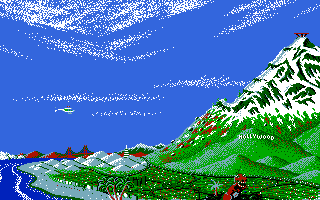 California Games II (Amiga) screenshot: Helicopter enroute to mountain
