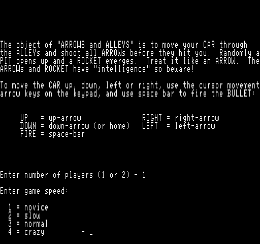 Arrows and Alleys (Exidy Sorcerer) screenshot: Instructions and options
