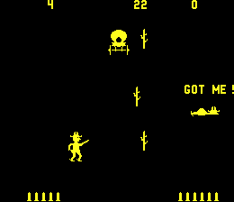 Gun Fight (Arcade) screenshot: Levels gradually add trees and a moving stagecoach.