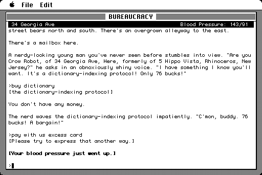 Bureaucracy (Macintosh) screenshot: Your blood pressure goes up if you make a mistake.