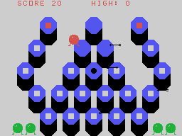 Bouncer (TI-99/4A) screenshot: Jumping between platforms, collecting squares, avoiding arrows