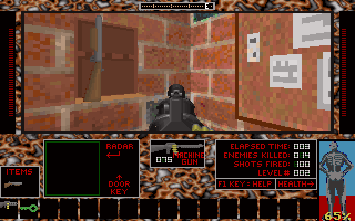 Chemical Warfare (DOS) screenshot: Found a shotgun in the rack on a wall.