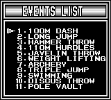 Track & Field (Game Boy) screenshot: Events list (Japanese version).