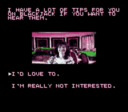 Super Caesars Palace (SNES) screenshot: Sometimes the player can receive tips from these conversations