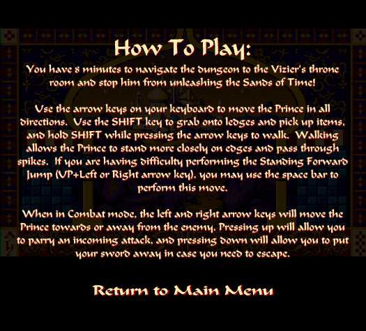 Prince of Persia: Special Edition (Browser) screenshot: Instructions