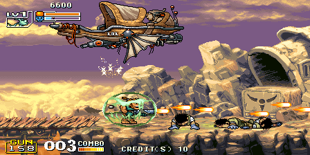 Demon Front (Arcade) screenshot: Playing as Maya and mowing down some critters, note my shield.