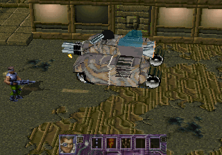 Contra: Legacy of War (SEGA Saturn) screenshot: Battling a crude polygonal tank.