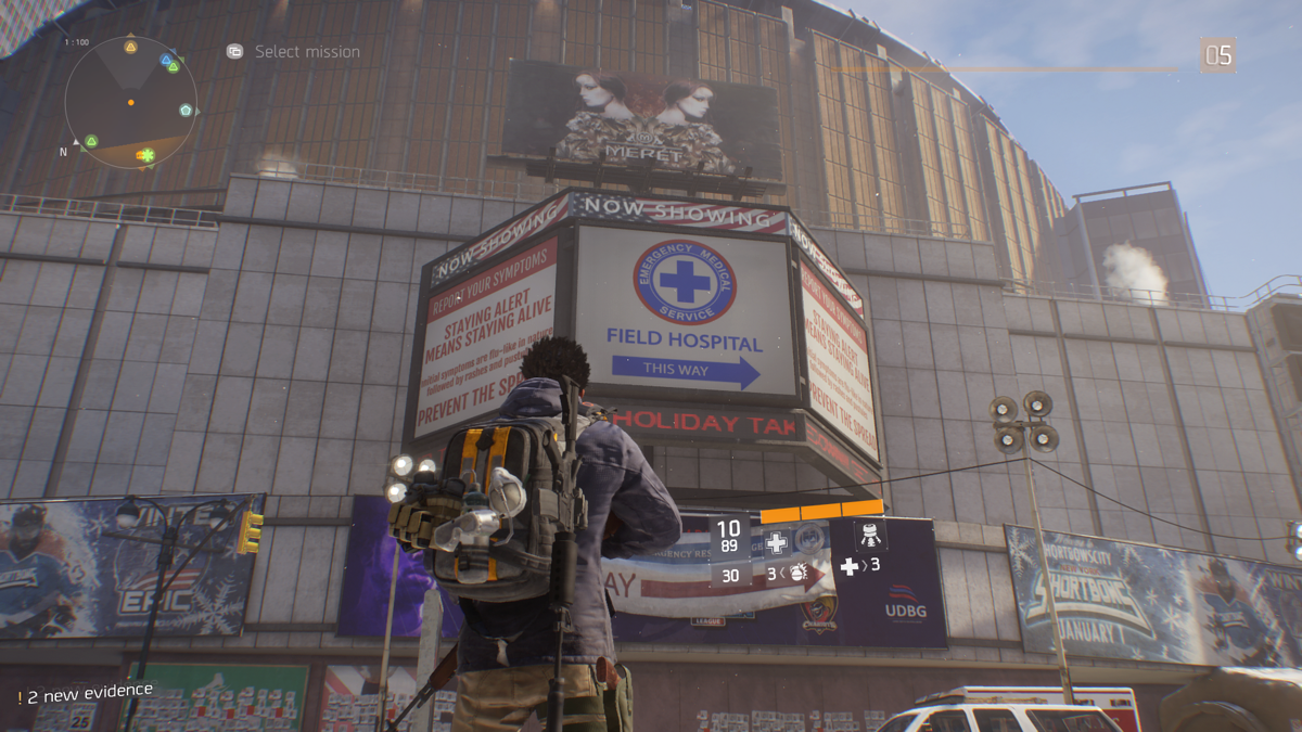 Tom Clancy's The Division (Xbox One) screenshot: The player checking out the local billboards.