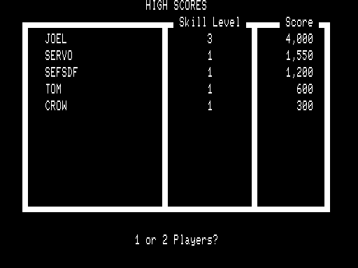 Zaxxon (TRS-80) screenshot: Begin new game; how many players? High scores are displayed too.