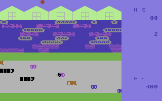 Logger (Commodore 64) screenshot: Getting hit by a car