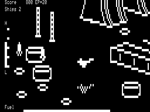 Zaxxon (TRS-80) screenshot: Gameplay; don't crash into obstacles!