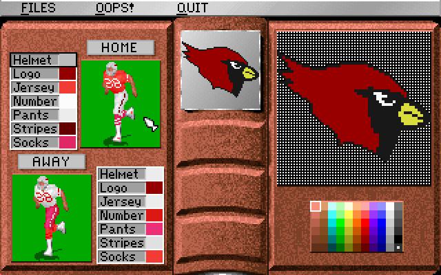 Unnecessary Roughness '95 (DOS) screenshot: The team visual editor. You can even try to change the logo.
