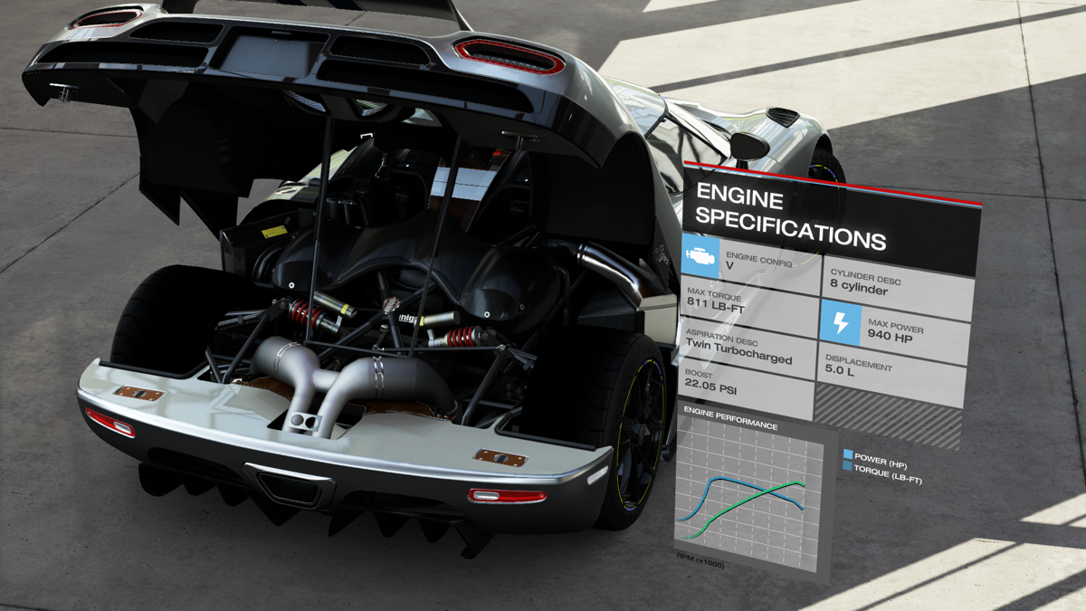 Forza Motorsport 5 (Xbox One) screenshot: Some impressive stats on the Koenigsegg Agera engine.