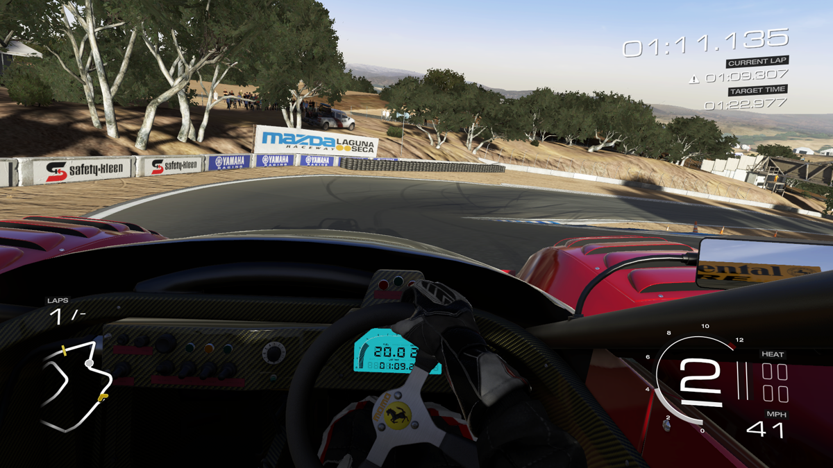 Forza Motorsport 5 (Xbox One) screenshot: Going down the Corkscrew in Laguna Seca.