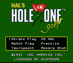 Hole in One (SNES) screenshot: The main menu gives you options for stroke play, match play, a versus match against the computer, or even entering the *vaunted* HAL Classic Open.