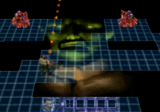 Contra: Legacy of War (SEGA Saturn) screenshot: Trapped inside the villain's brain, the player is forced to do some wholly impossible platform-jumping.