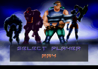 Contra: Legacy of War (SEGA Saturn) screenshot: Character select - not that it matters who you choose - they all look equally doofy, and play exactly the same.