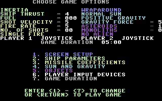 Stellar Triumph (Commodore 64) screenshot: Game options