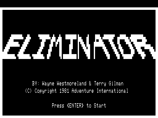 The Eliminator (TRS-80) screenshot: Title screen 2; the "Eliminator" text flashes rapidly.