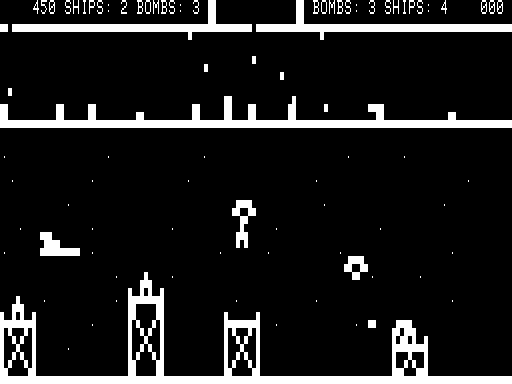 The Eliminator (TRS-80) screenshot: The gameplay screen; an enemy has taken a hostage!