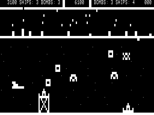 The Eliminator (TRS-80) screenshot: Beginning on the second attack wave there are a variety of different enemies to contend with.