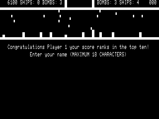 The Eliminator (TRS-80) screenshot: Game over, but I got a high score.