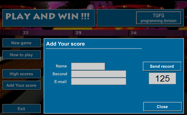 Play and Win !!! (Browser) screenshot: Enter details here to get on the high score list.
