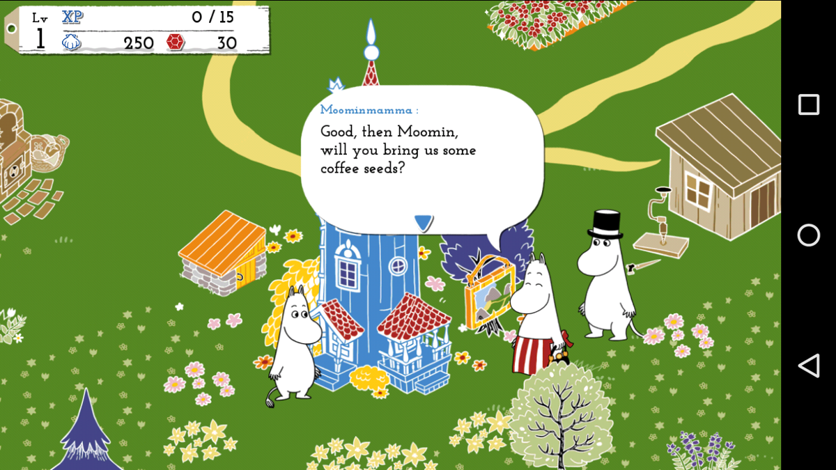 Moomin: Welcome to Moominvalley (Android) screenshot: Beans, Moominmama. We call them coffee /beans/. Something must have gotten lost in translation from Swedish via Japan.