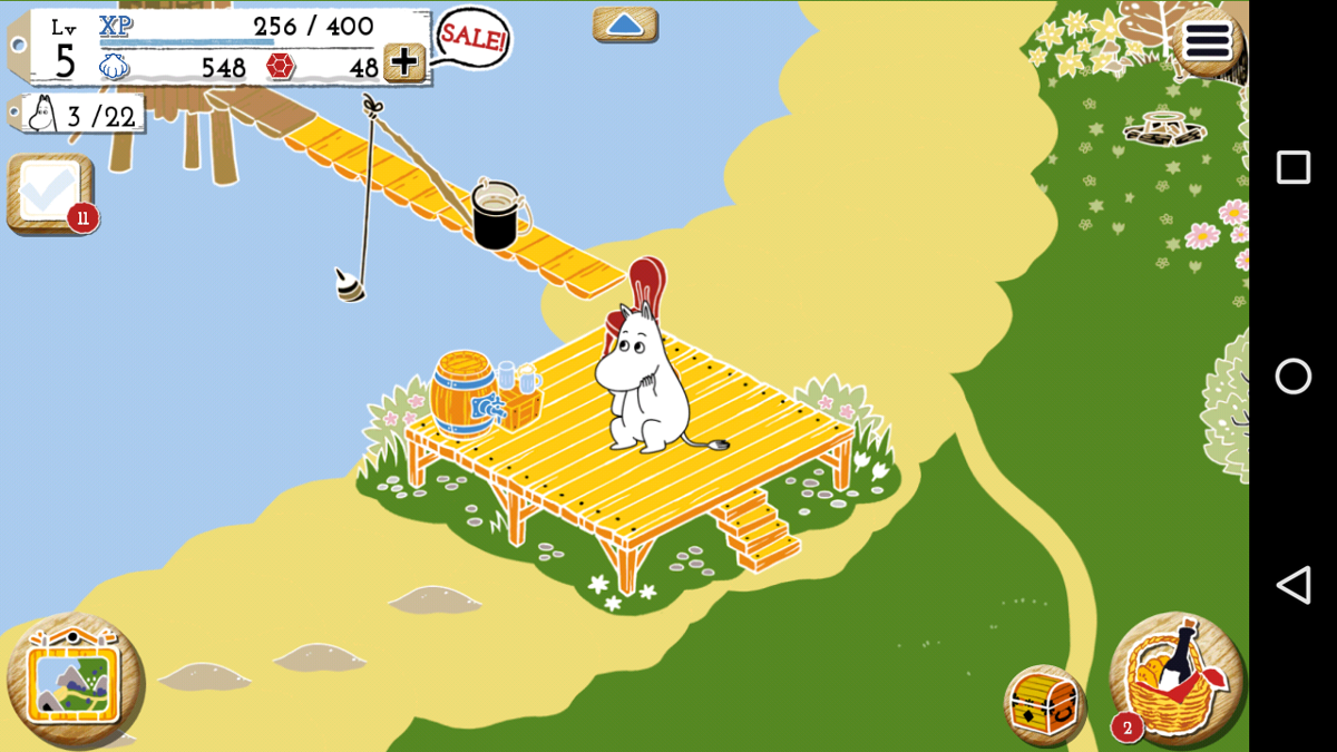 Moomin: Welcome to Moominvalley (Android) screenshot: Having installed a dance floor, Moomin celebrates by performing the existentialist dance of his people.